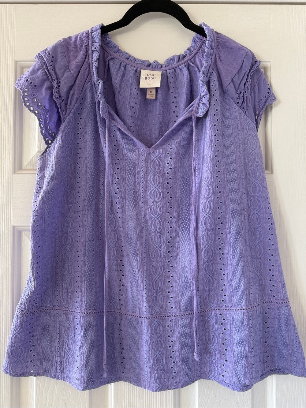 Lavender Eyelet Tie-Front Peasant Blouse